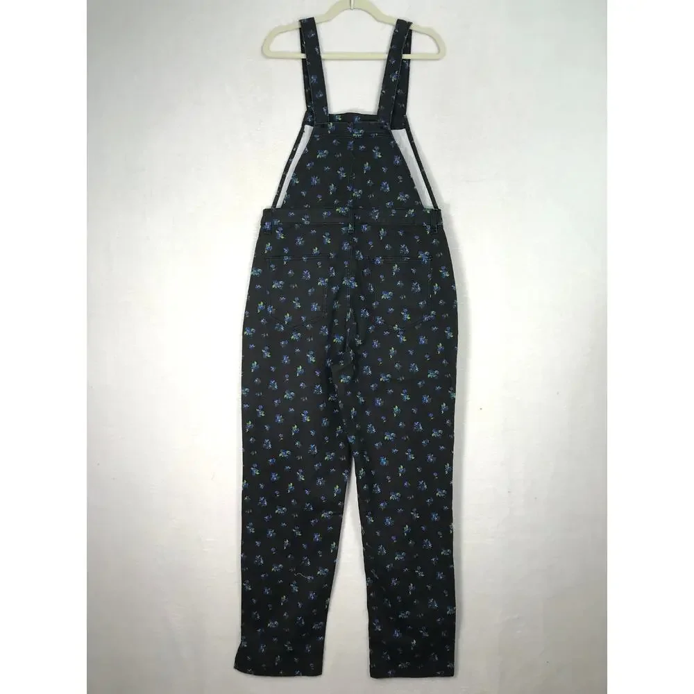 We Wore What Overalls Large Black Ditsy Floral Baggy Denim Stretch Y2K Festival - Picture 7 of 16